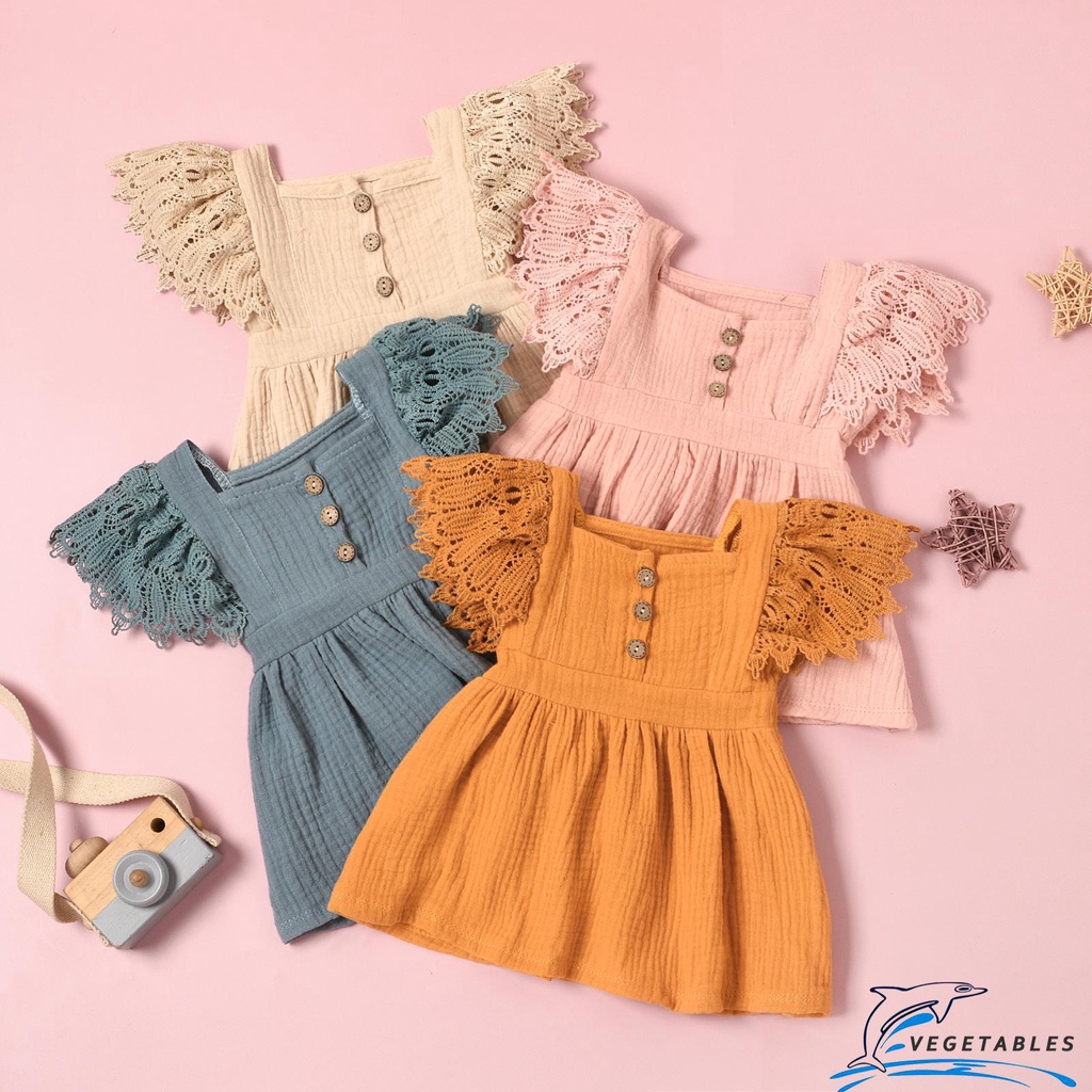 ZHY-Baby Girls Casual Dress, Solid Color Short Fly Sleeves Square Neck One-piece, Tangerine Yellow/ Grey Blue/ Pink/ Apricot