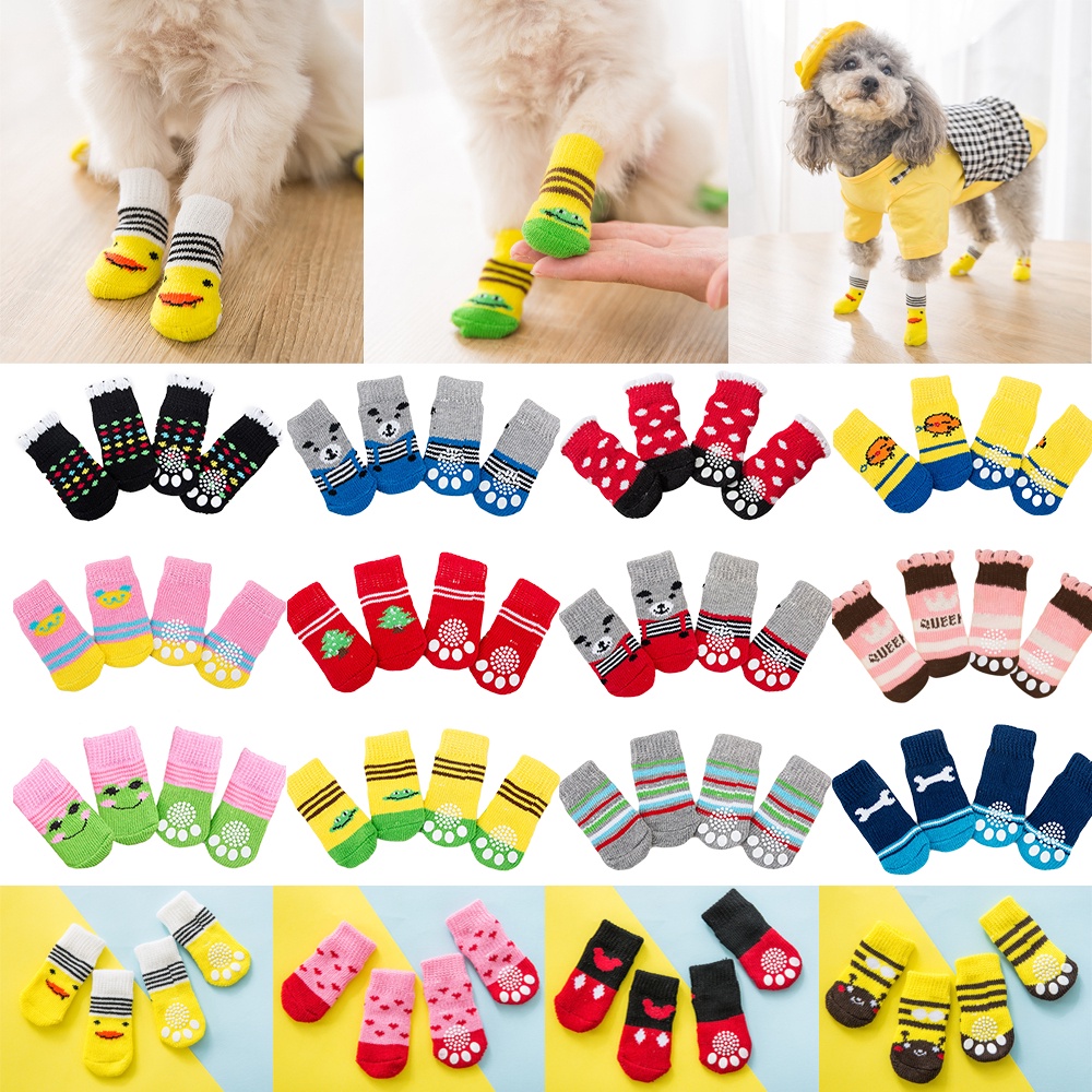 4Pcs Pet Dog Socks with Cute Print Anti-Slip Cats Puppy Shoes Paw Protector Products