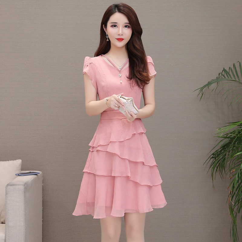 pink a line dress with sleeves