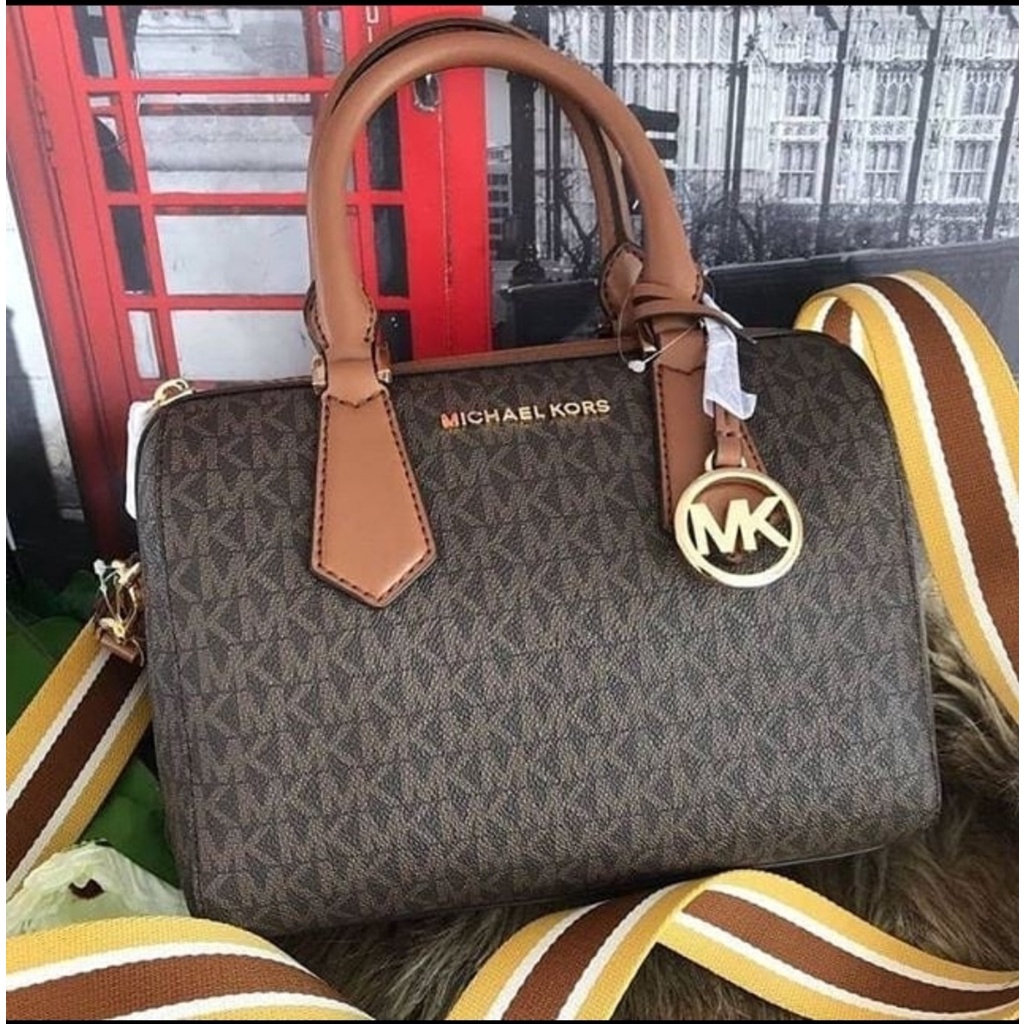 Michael Kors Hayes Small Duffle Satchel in Brown Monogram Logo-Print ...