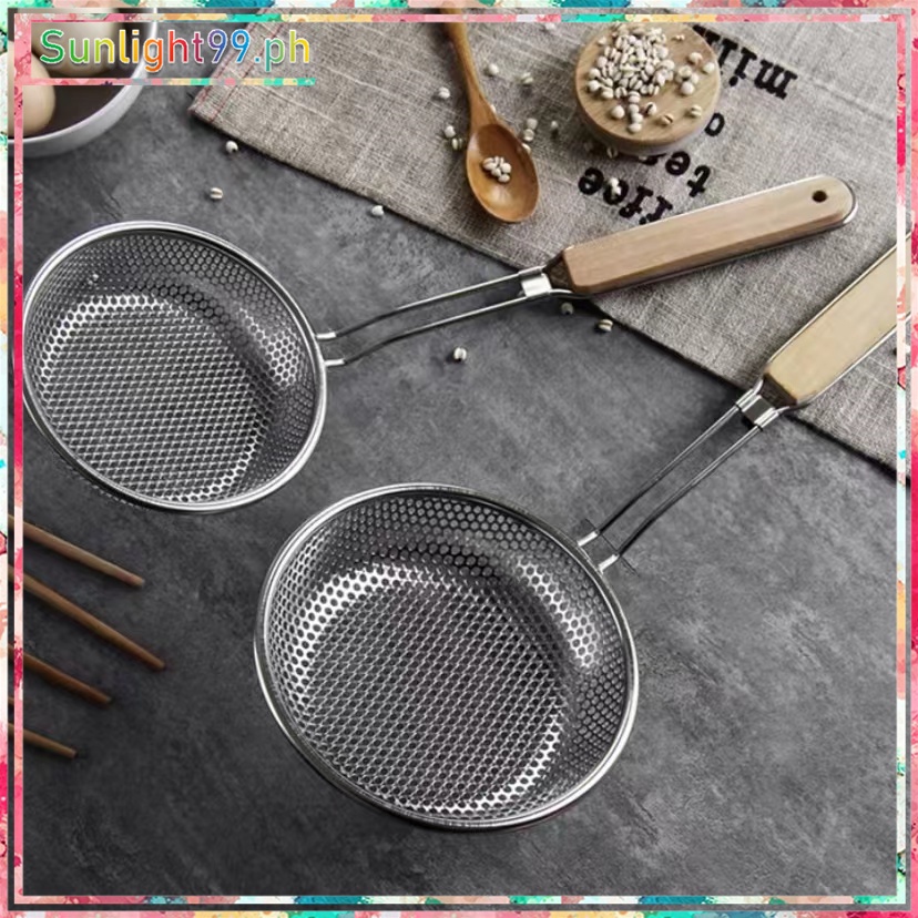 Stainless steel skimmer/strainer with long wooden handle,pasta/noodle ...