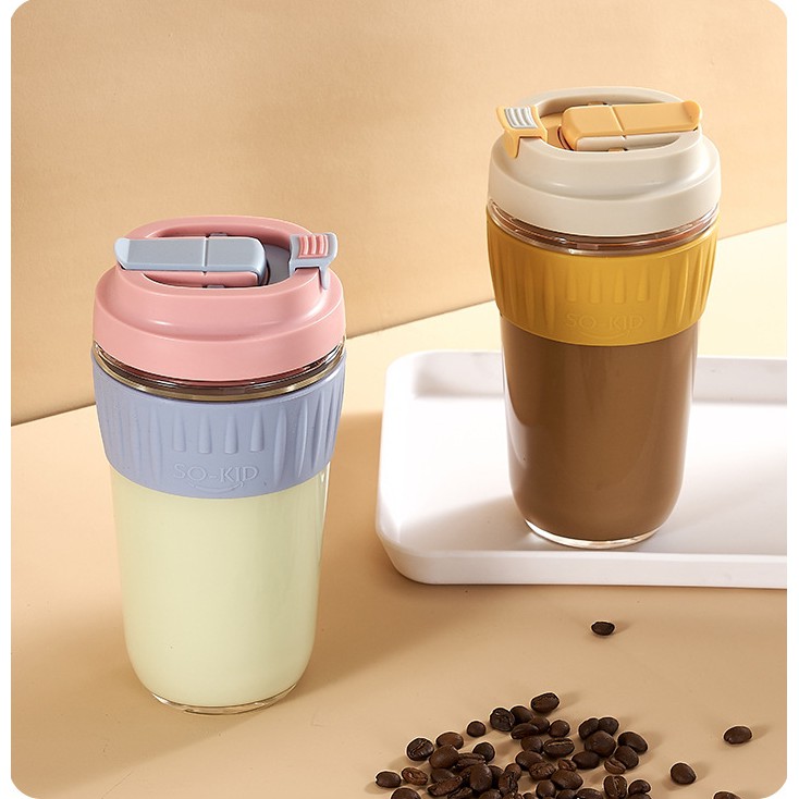 Glass Mug With Straw Vacuum Cup Tumbler Coffee Mug Water Bottle With 2ways Lid Leakproof 400ml 5798