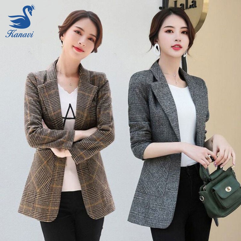 Kanavi Plaid Blazer Tops Women Tassel Jackets Female Retro British ...