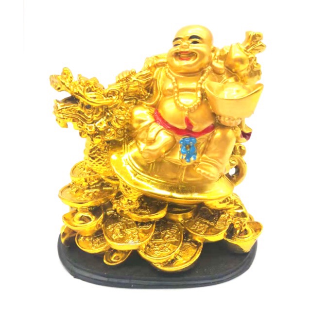 Feng Shui Lucky Charm Golden Laughing Buddha Seated on Dragon Turtle ...