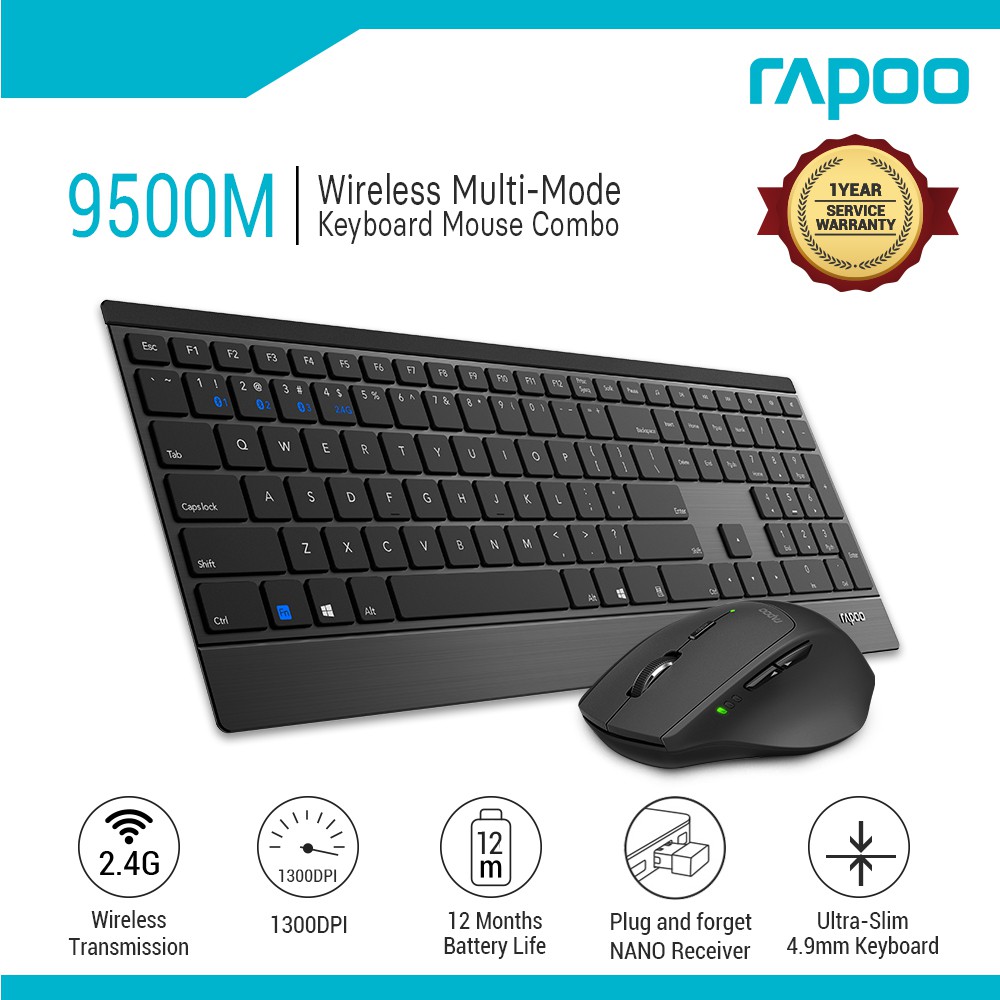 Rapoo 9500M Bluetooth & 2.4G Wireless Multimode Keyboard Mouse Combo
