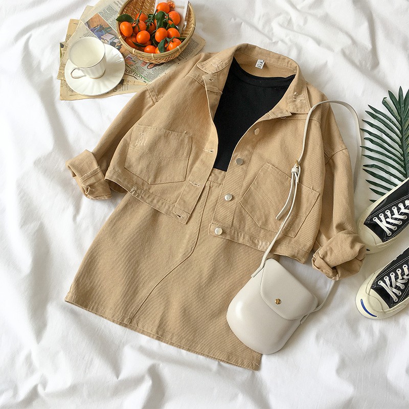 two piece denim jacket and skirt