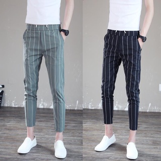 fashion striped side woven belt cropped casual pants