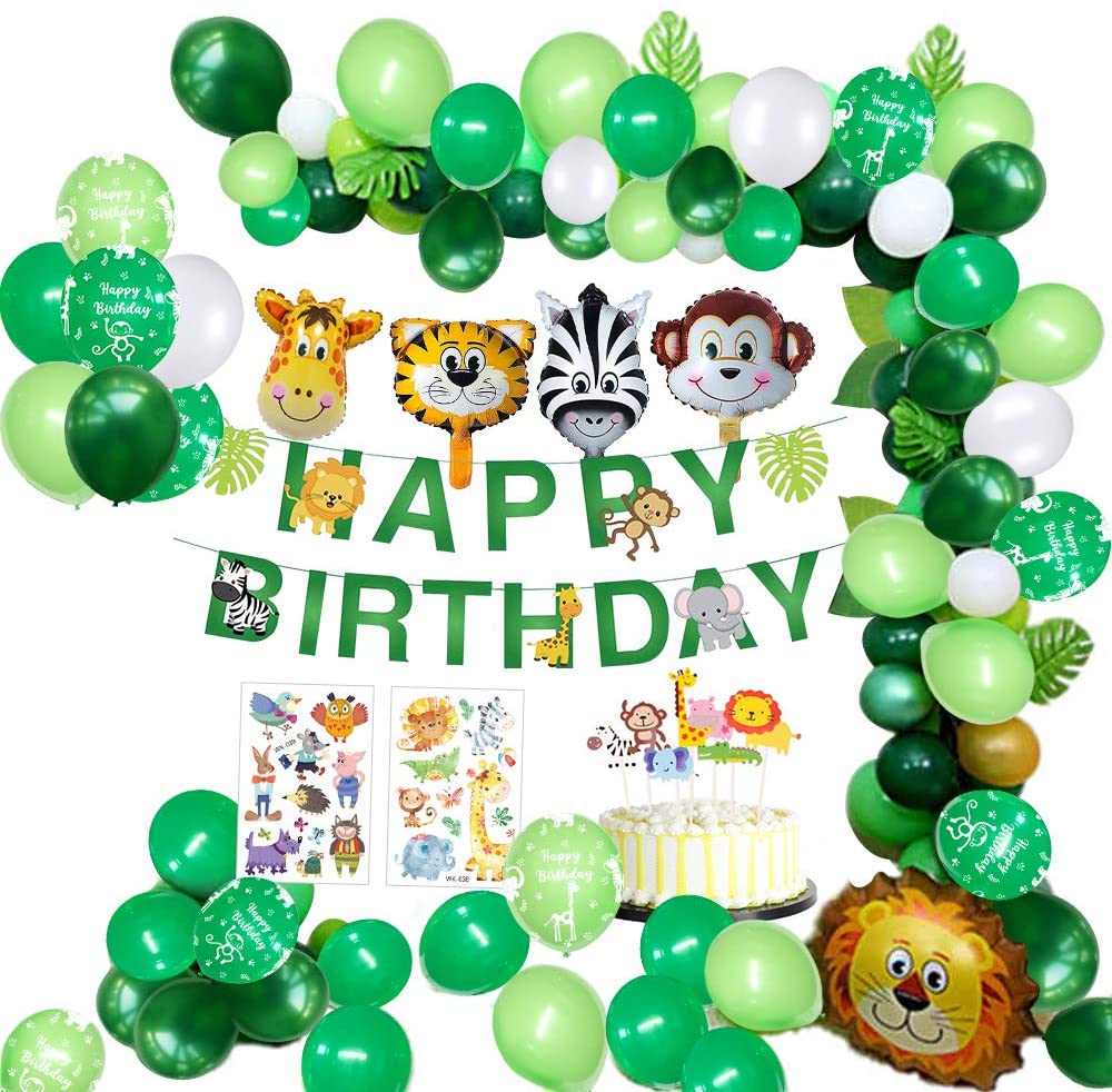 65pcs MMTX Jungle Birthday Party Decoration Boys-Happy Birthday Banner with Palm Leaves Latex Balloons and Safari Forest Animal for Boy Birthday Baby Shower Hawaiian Decor 