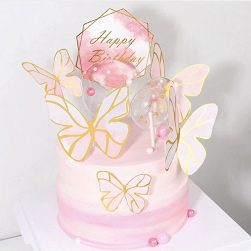 Pink Marble Happy Birthday Topper And 5 Piece Butterfly Cake Topper 