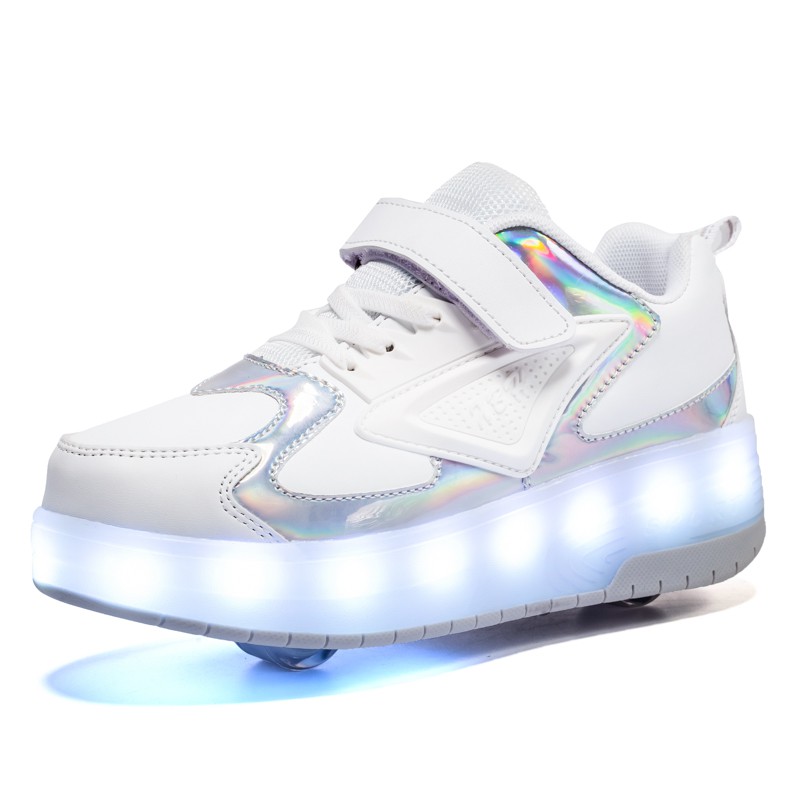 Girls Boys Roller Skate Shoes with Wheels LED Light up Trainers Double Wheel USB Charging Inline Skates Outdoor Gymnastics Luminous Flash Kids Technical Skateboarding Shoes 
