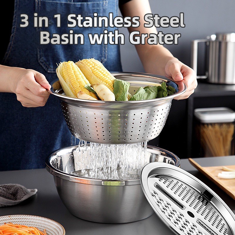 3 IN 1 Multifunctional Basin With Grater Slicer Stainless Steel Drain ...