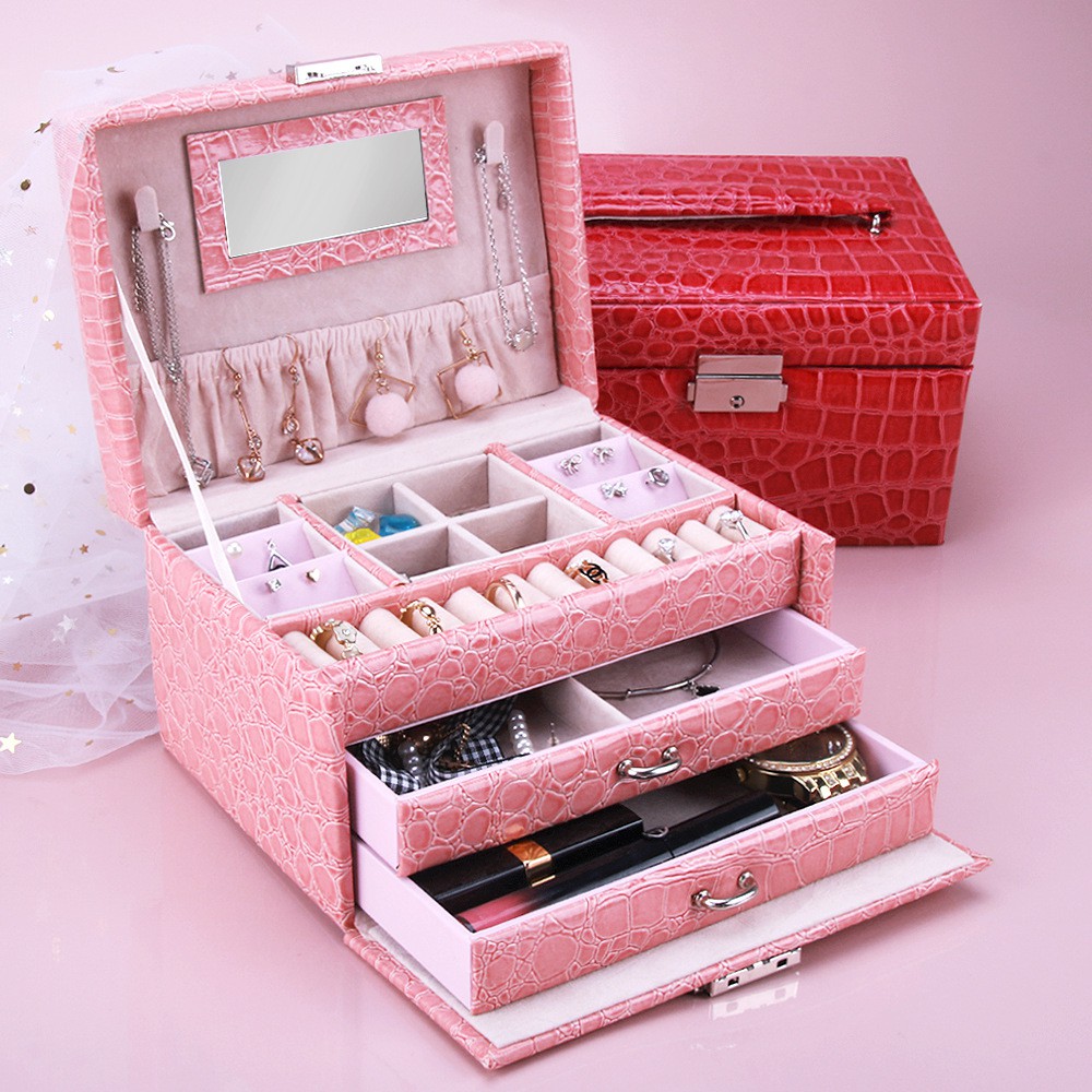 Wood PU Jewelry Box Threelayer MultiFunction Jewelry Box Froch Cloth