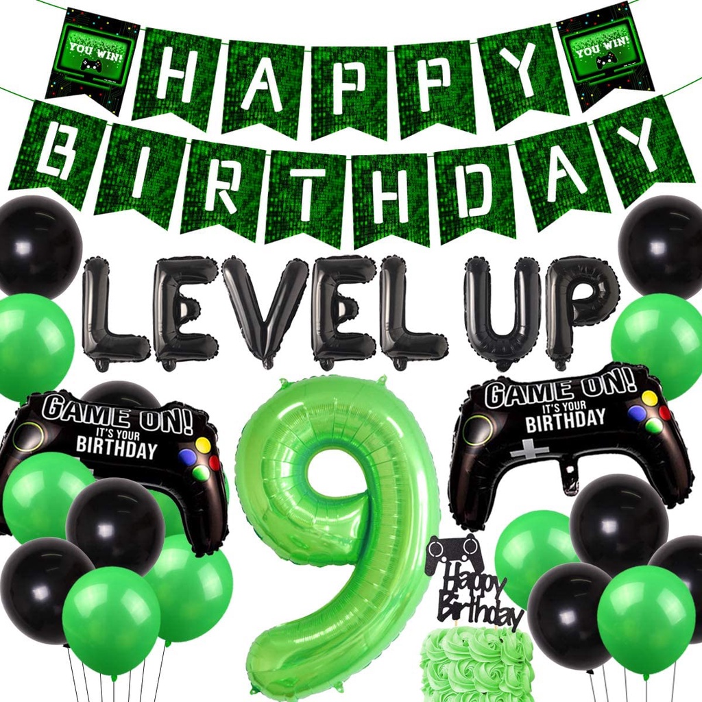 CHEEREVEAL Video Game Themed 9th Birthday Party Decoration for Boys Nine Years Old Birthday Supplies with Green Black Balloons Set Game Controller Level Up Foil Balloons Banner