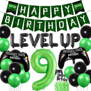 CHEEREVEAL Video Game Themed 9th Birthday Party Decoration for Boys Nine Years Old Birthday Supplies with Green Black Balloons Set Game Controller Level Up Foil Balloons Banner #1