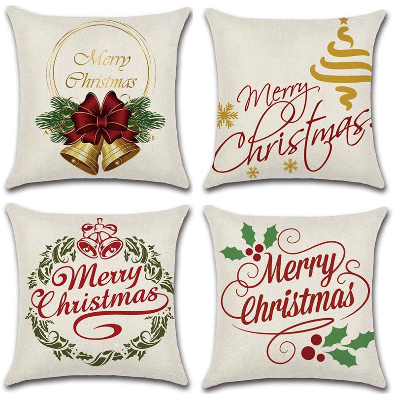 4pcs Merry Christmas Linen Pillow Cover Square Burlap Decorative