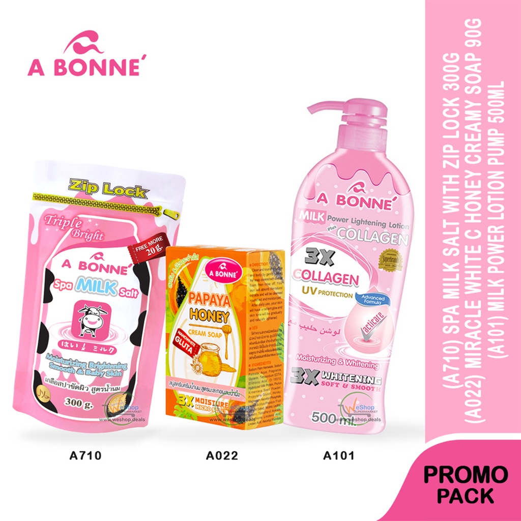 Abonne Milk Salt 300g + Papaya Honey Cream Soap 90g + Milk Lotion 500ml ( A710 + A022 + A101