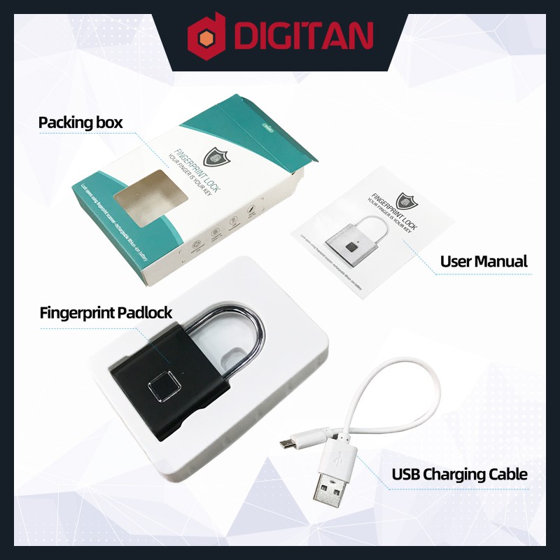 Digitan Fingerprint Padlock Black IP65 Waterproof Security Rechargeable Stainless Steel