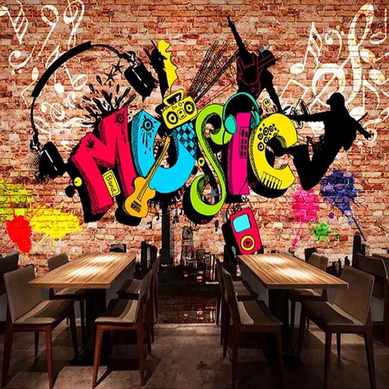 Custom 3D Murals Wallpaper City Music Art Graffiti Brick Wall Large Wall Painting Poster Bar Restaur