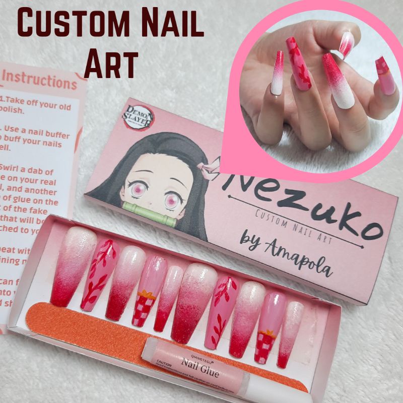 Custom Nail Art Nezuko Presson Nails Fakenails Anime Nail Inspired By Amapola Shopee Philippines