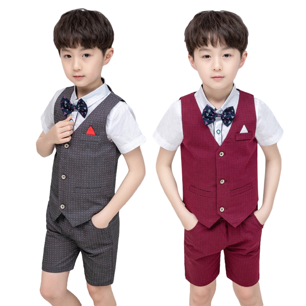 4pcs Kids Infant Boys Formal Summer Gentleman Suits Wine Red