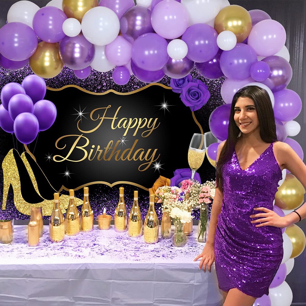 JOYMEMO Purple and Gold Party Decorations for Women Adults Happy Birthday Backdrop Party Supplies Purple Gold Balloon Garland Arch Kit Purple Happy Birthday Decor