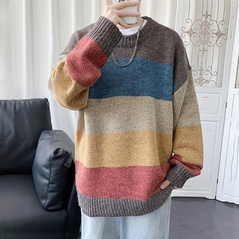 Pullover Sweater for Women Casual Striped Color Block Knit Sweater Long Sleeve Crew Neck Loose Pullover Blouse Tops 