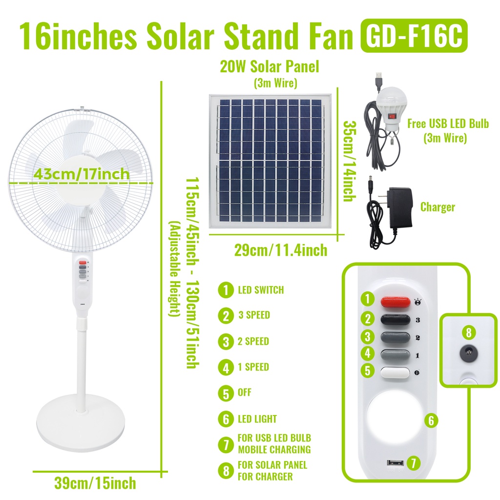 Details about   Rechargable 16" Oscillating AC/DC Pedestal Fan with Solar Panel 2021 