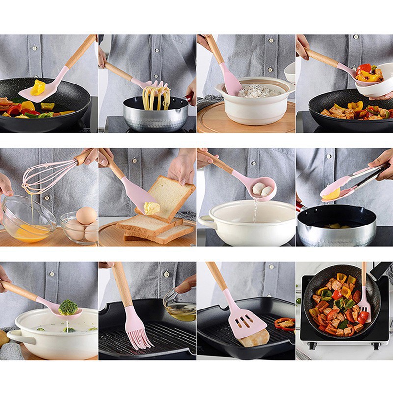 Silicone Kitchen Cooking Utensils Set 12PCS Essentials Baking Kitchen Tools Nonstick Cookware Heat