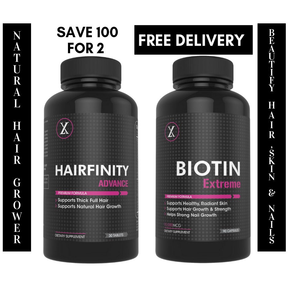 Combo Natural Hair Grower Combo Biotin Extreme 10000 Mcg 90 Capsules And Hairfinity Advance 8485