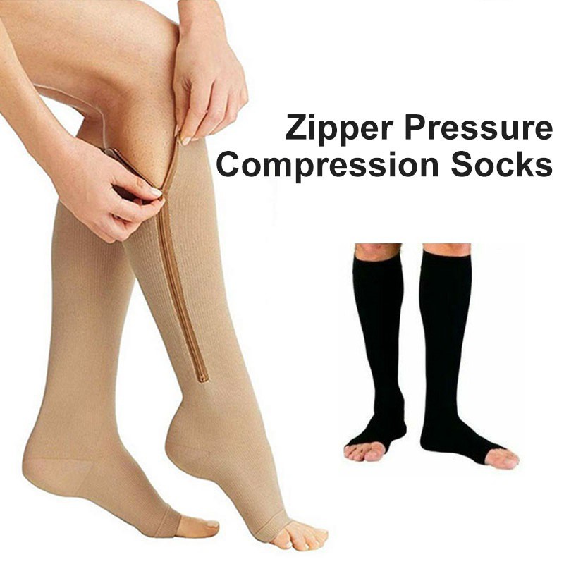 Long Open Toe Pressure Knee High Stocking Support for Legs and Muscle Zipper Compression Socks Toeless 