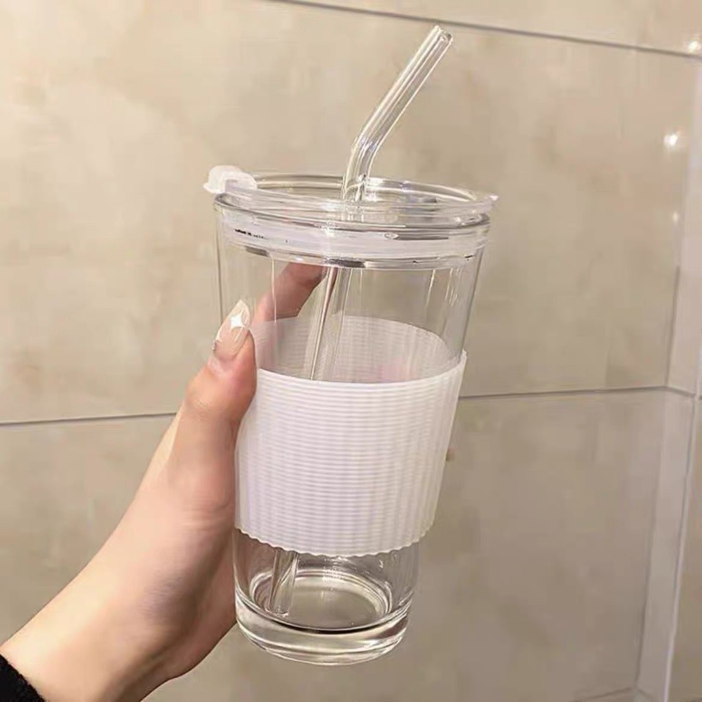 450mL Minimalist Glass Water Tumbler Tumblr Cup with Straw, Lid and