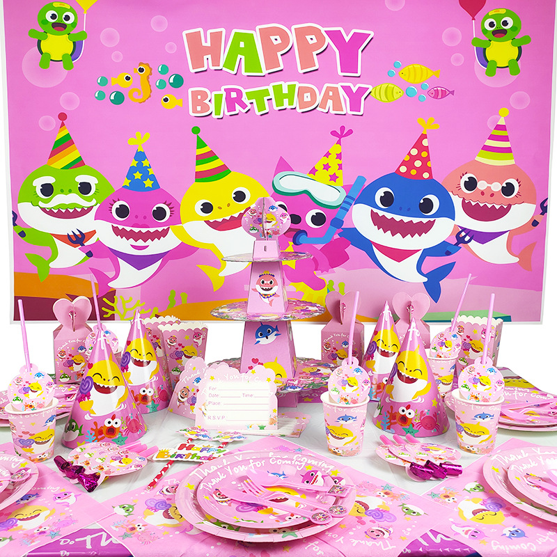 Ready Baby Shark Pink Baby Shark Theme Girl Birthday Party Decoration Tablecloth Paper Cup Paper Tray Flag Shopee Philippines