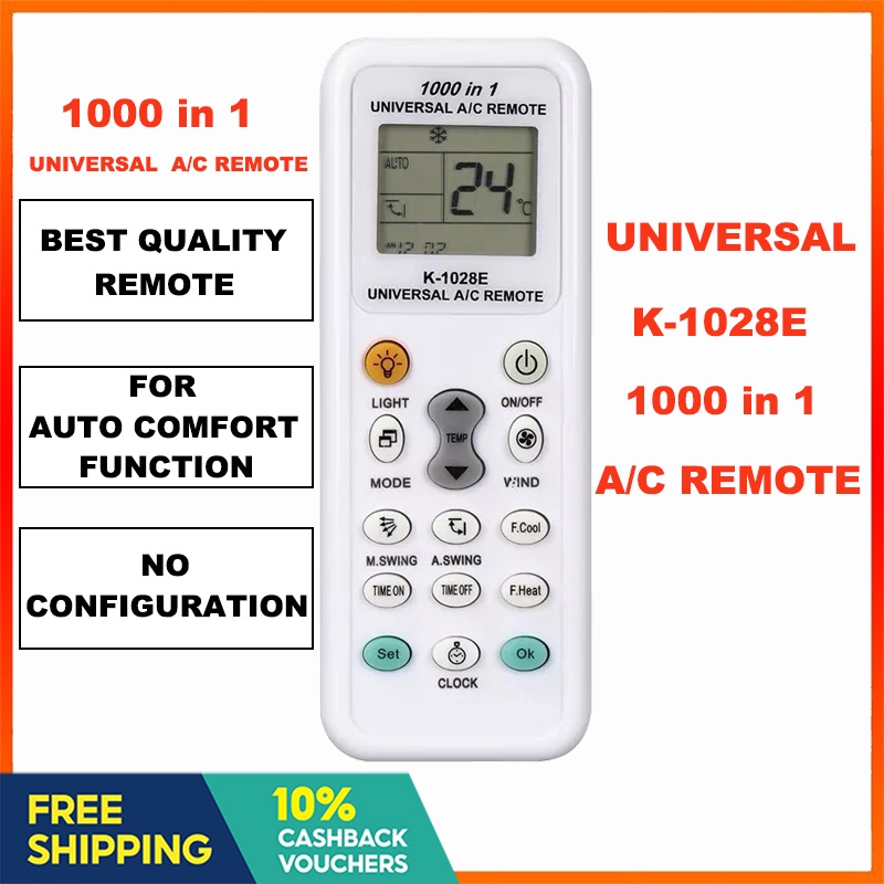 K-1028E Universal LCD Air Conditioner IR Remote Control – 1000-in-1 Multi-Brand, White (Batteries Not Included)