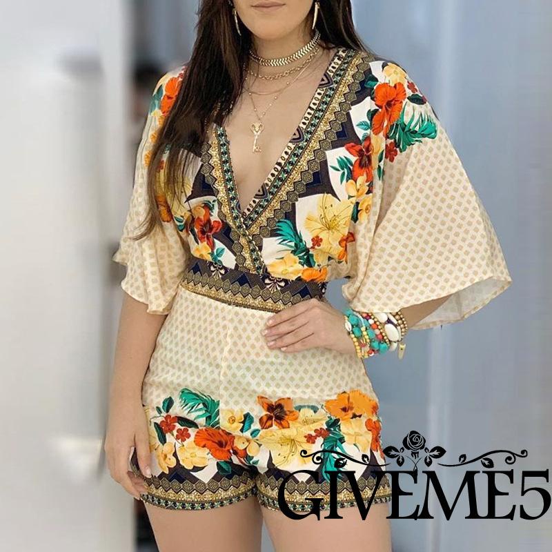 GIVEMEWomen Summer Rompers, Ethnic Style Print VNeck Short Sleeve Backless Tied Short Jumpsuit