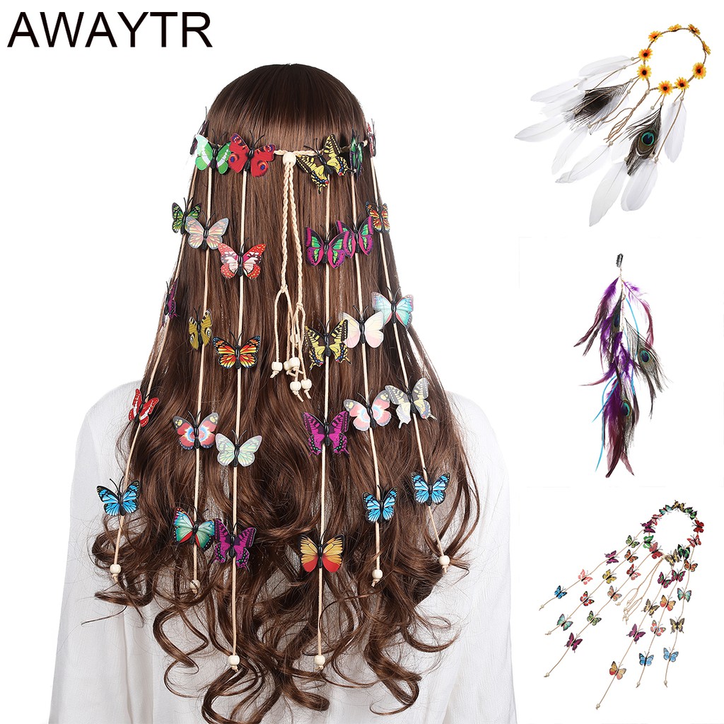 Bohemian Style Color Butterfly Fringe Hairband Sun Flower Peacock Feather  Hair Band | Shopee Philippines