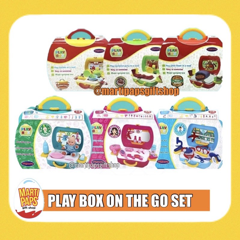 PLAY BOX ON THE GO PLAY SET KITCHEN SET MAKE UP DOCTOR BABY DOLL BBQ TOY PIZZA MAKER TOY