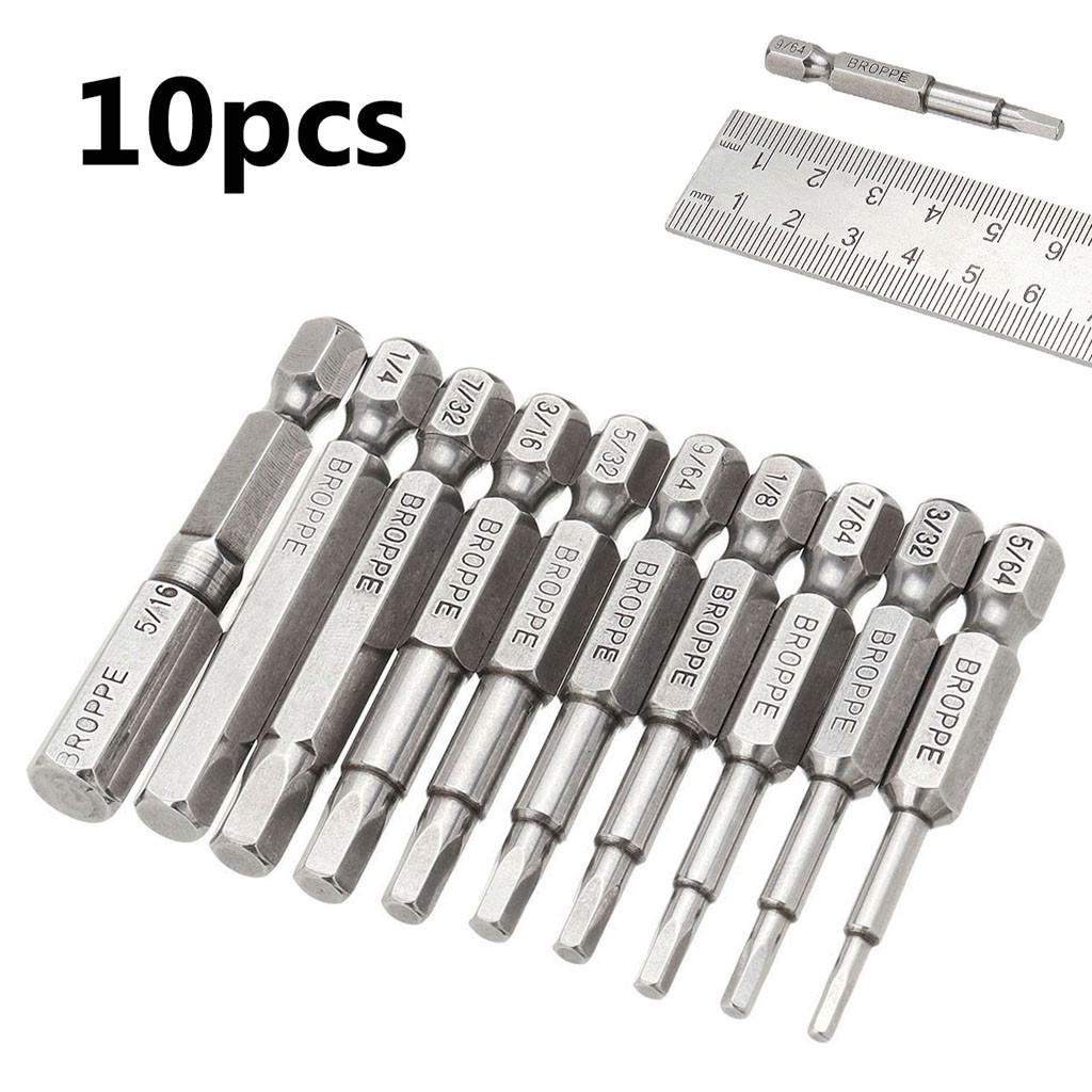 10 Piece Hex Head Long Allen Bit Set Quick Release Shank impact driver