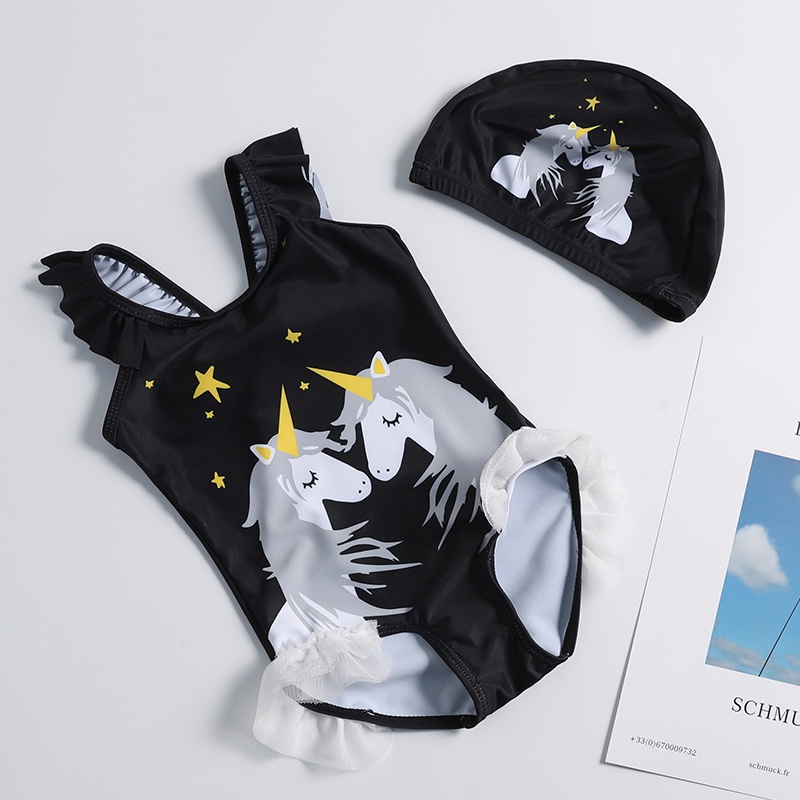 Kids Girls One Piece Unicorn Pink Black Kids Swimwear Swimsuit for 1 2 3 4 5 6 Years Old Kids Girls