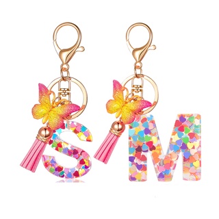 Women Colorful Sequin Filled A To Z Initial Letter Keychain Pink Sparkle Butterfly Tassel Alphabet Keyring For Purse Handbags Car Keys Decor