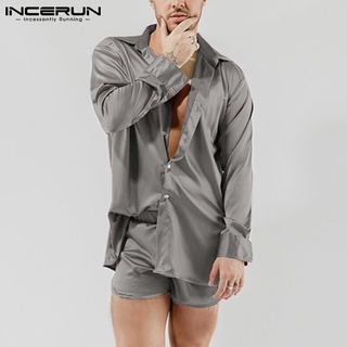 INCERUN Men Summer Comfy Silk Satin Long Sleeve Top+Shorts Solid Color Pajamas Set