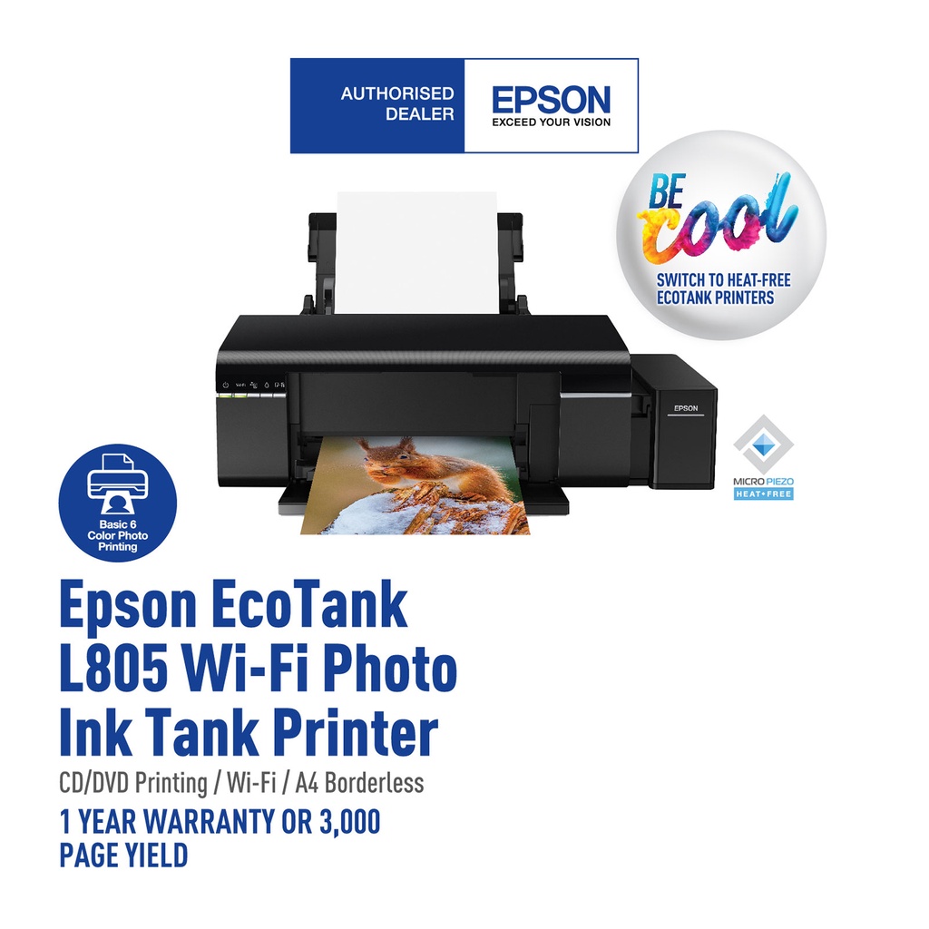 Epson L805 A4 Print Only 6 Colour WiFi Ink Tank Printer Mobile Printing Support Borderless