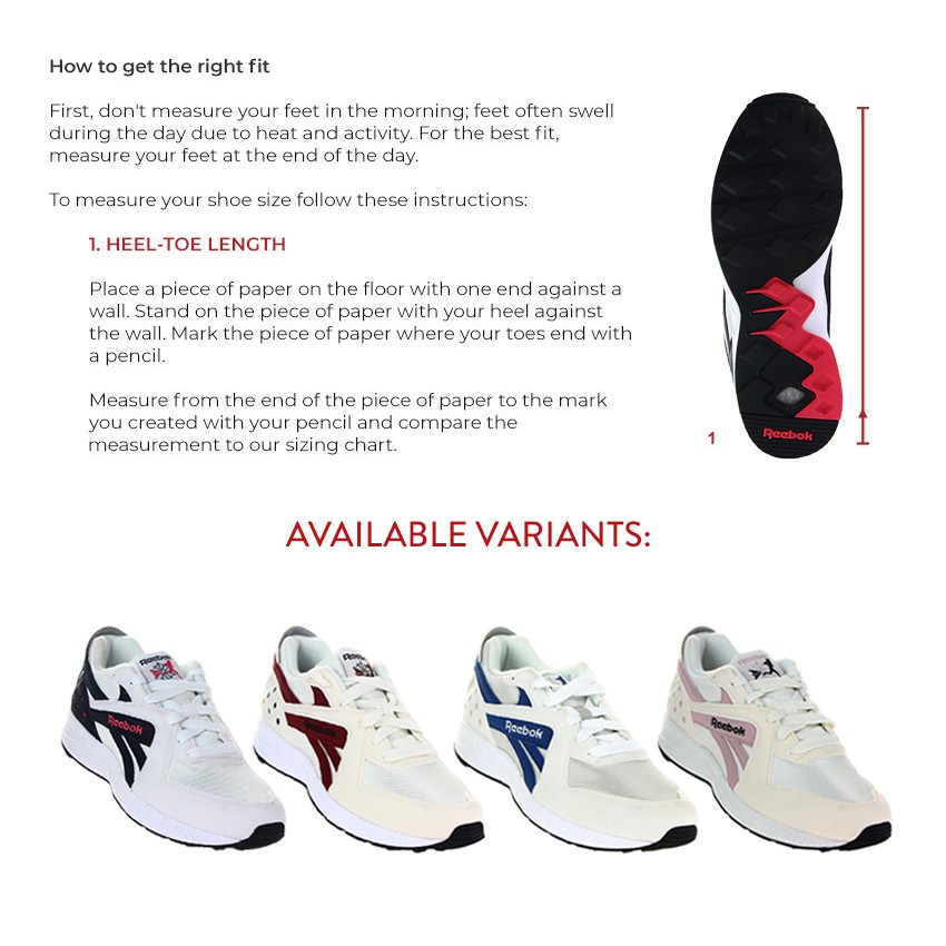 reebok unisex size chart