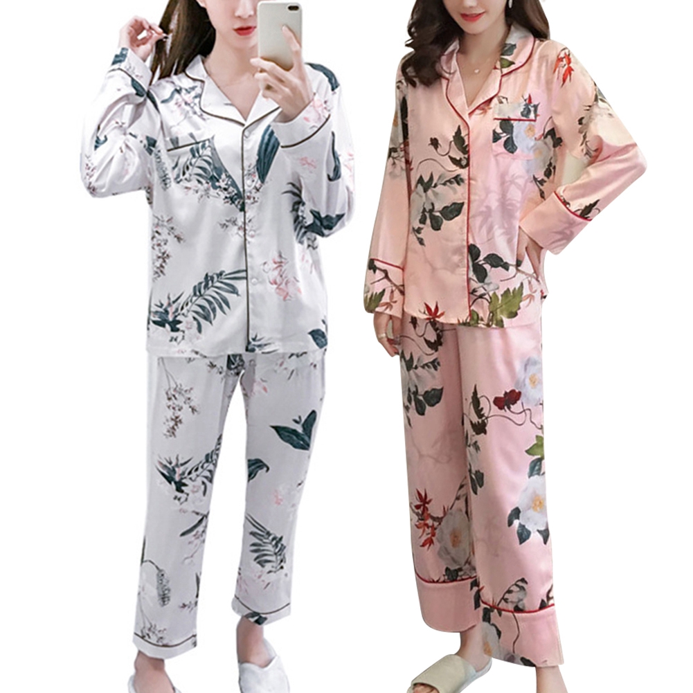 2pcsset Women Silk Smooth Pajamas Floral Print Sleepwear Shopee