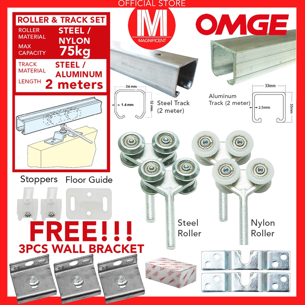 OMGE Sliding Door Hardware Set with 2 meter Track and 3pc Wall Brackets