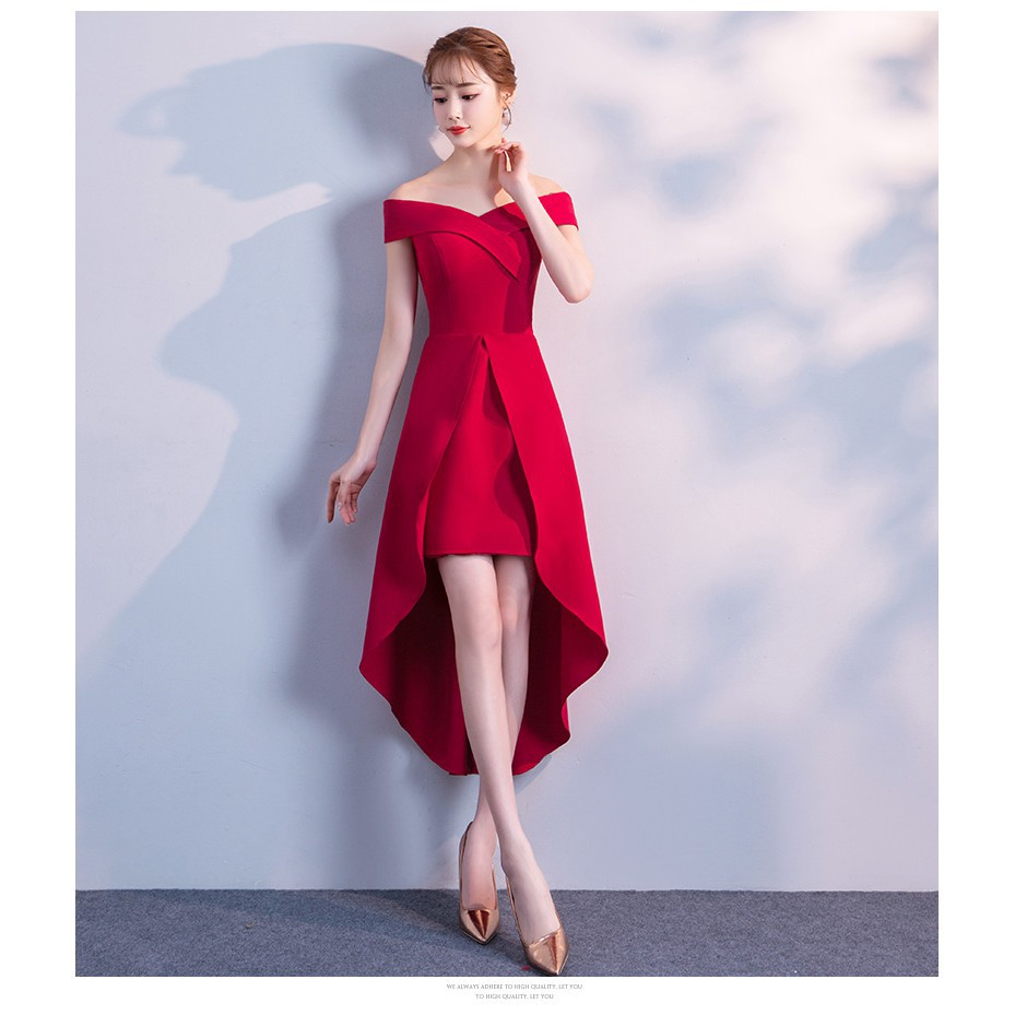 red off the shoulder evening dress