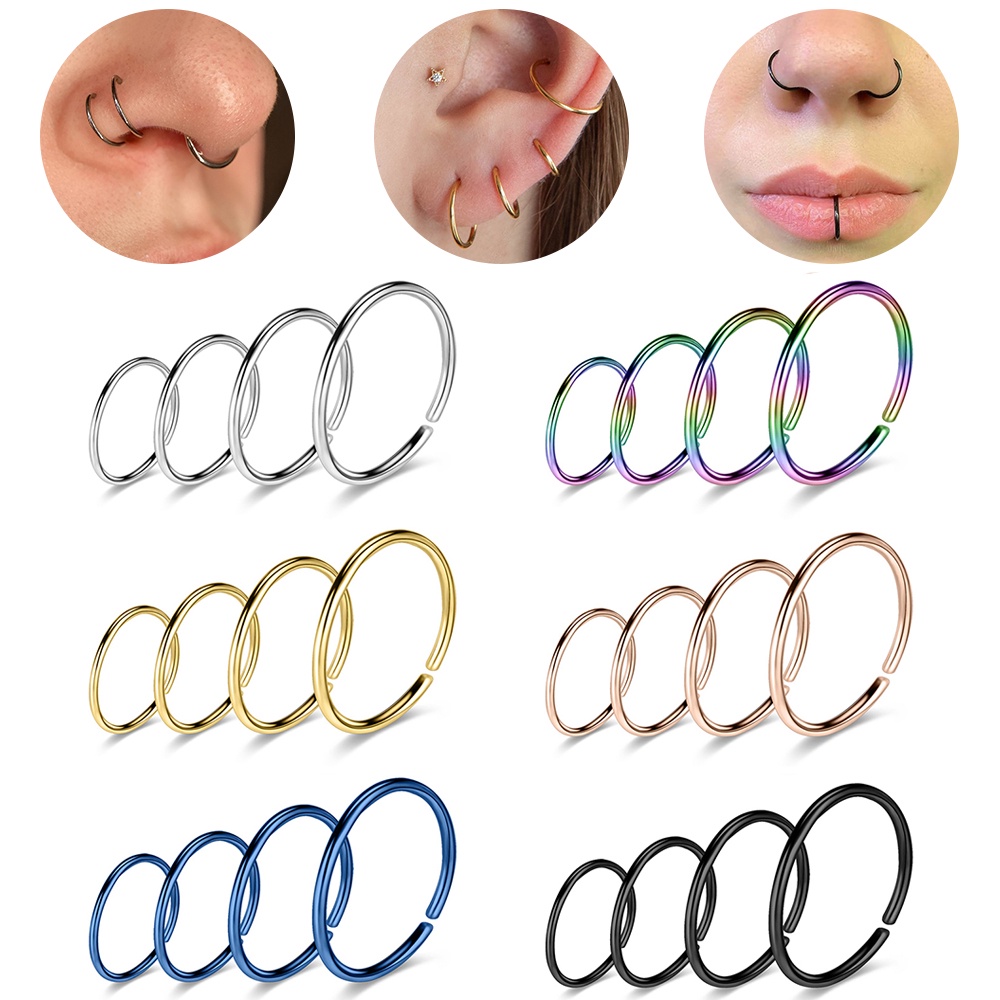 4-24pcs 6/8/10/12mm Stainless Steel Nose Piercing Hoop Nostril Piercing ...