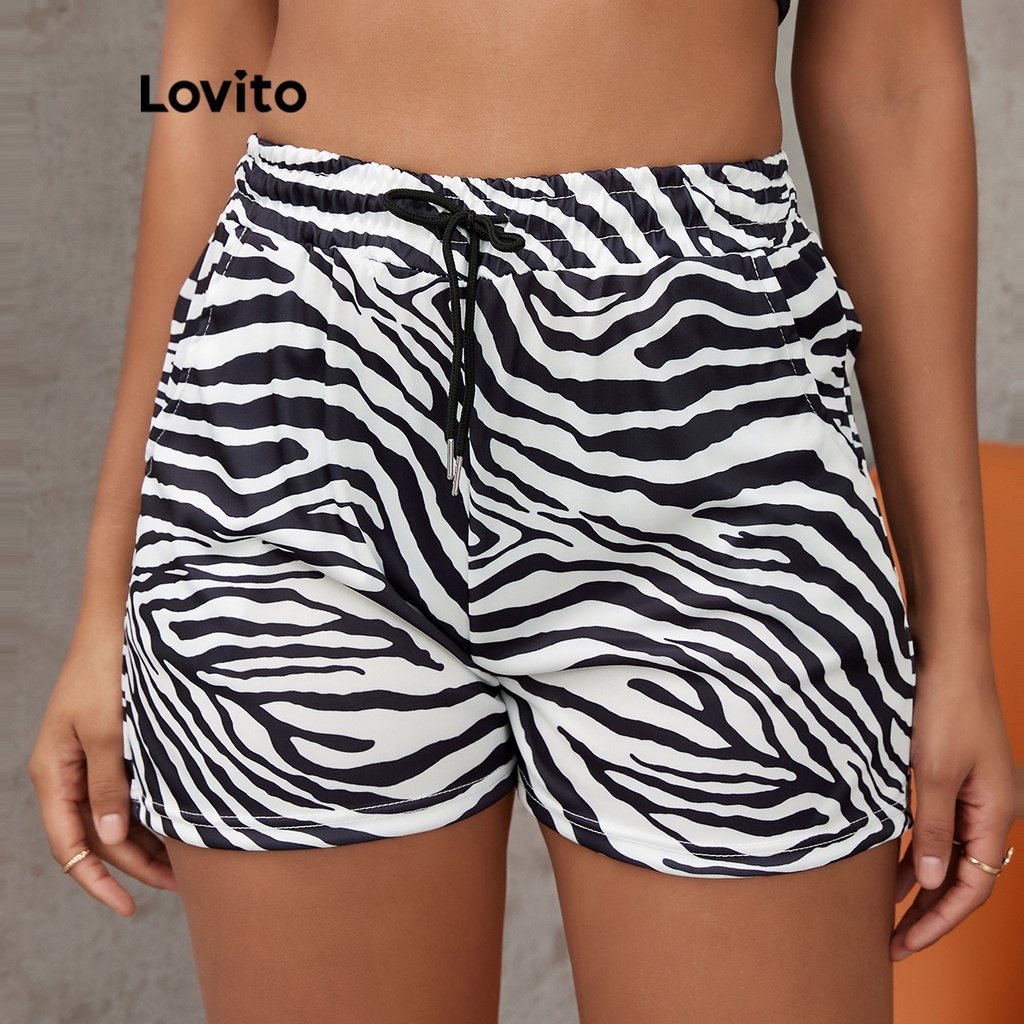 Lovito Casual Zebra Print Drawstring Pocket Shorts L17X254 (White ...
