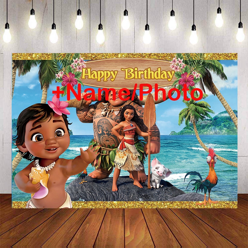 Little Baby Moana Princess Backdrops Cartoon Girls Birthday Party Photography Flower Sea Coconut Tree Backgrounds Photocall Custom Text 270