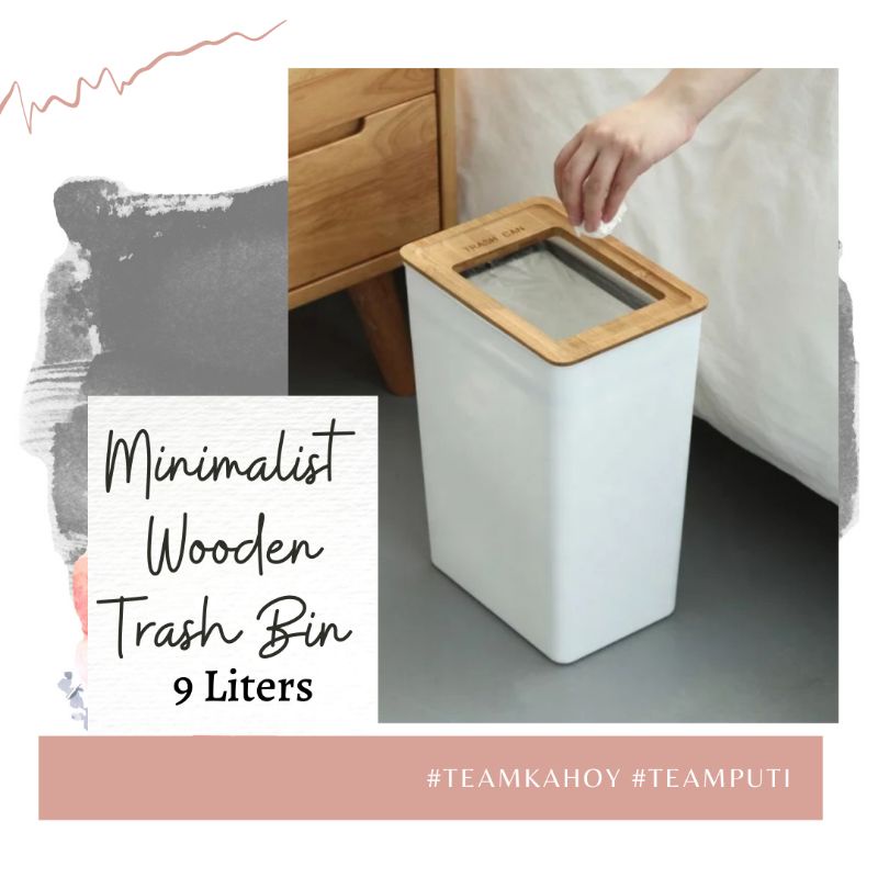 Minimalist and Nordic Inspired Trash Bin with Wooden Lid Cover 9L