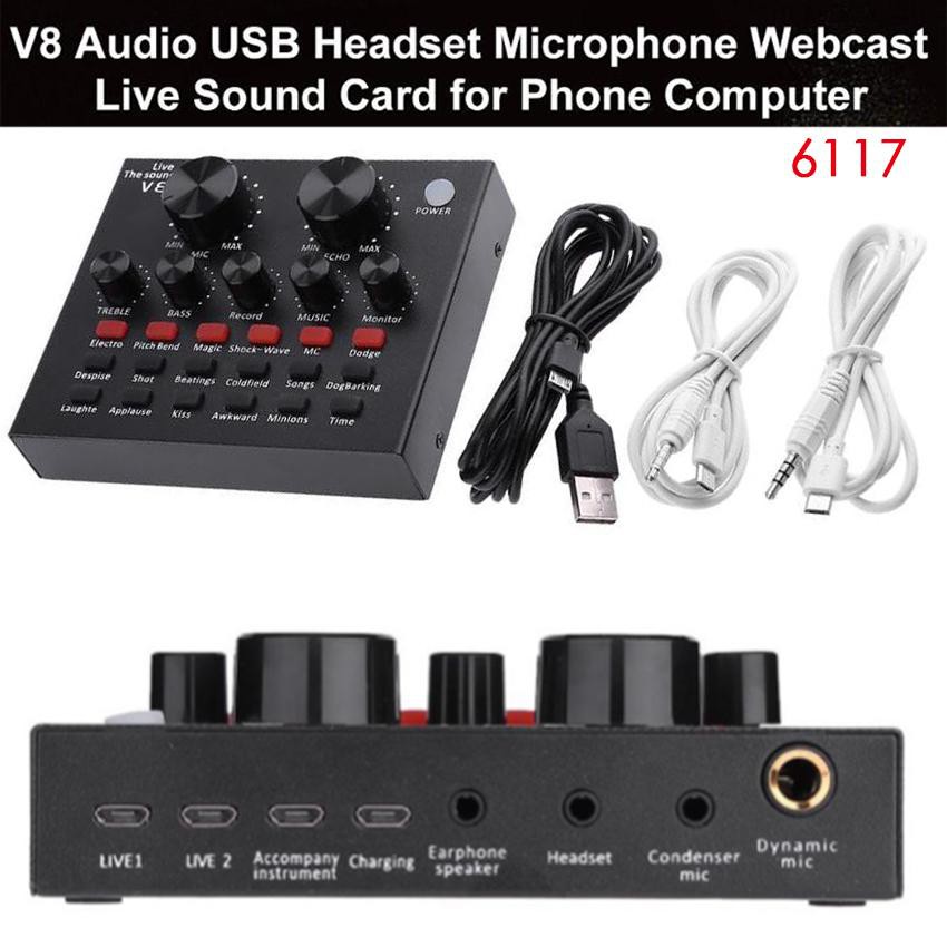 V8 Sound Card Audio Interface External USB Live Broadcast Microphone
